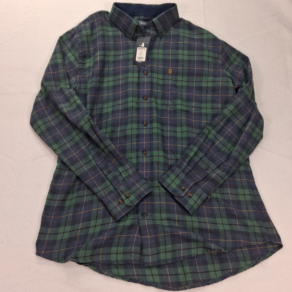 IZOD Shirt Mens XLT Stratton Flannel Dark Blue Green Plaid Button Down NEW